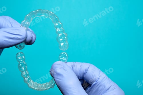 Preview: gloved hands holding transparent dental retainers
