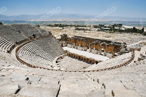 Preview: Elevated view of ancient Roman amphitheatre, Hierapolis, Pamukkale, Anatolia, Turkey