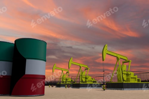Preview: Nice pumpjack oil extraction and cloudy sky in sunset with the KUWAIT flag D rendering