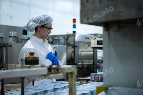 Preview: Food scientist inspecting canned fish production line