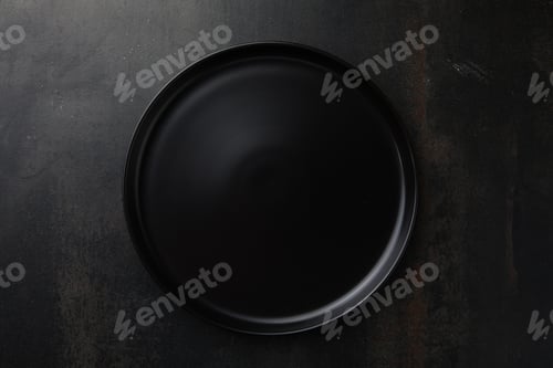 Preview: Black plate Isolated on black background. Top view