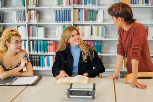 Preview: Classmates studying together in the university library.