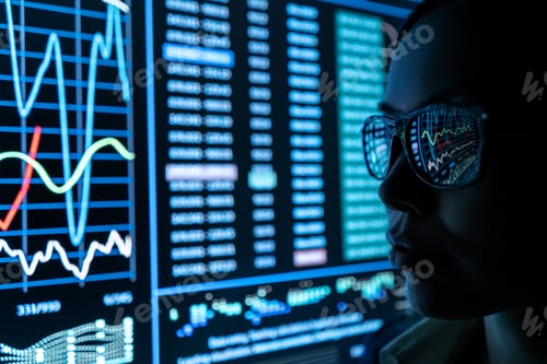 Preview: The businesswoman works with infographic on a black monitor.