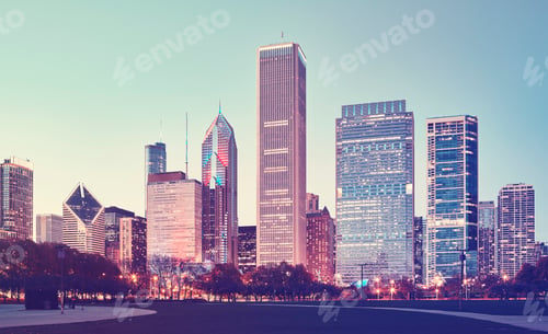 Preview: Retro stylized picture of Chicago downtown at twilight.