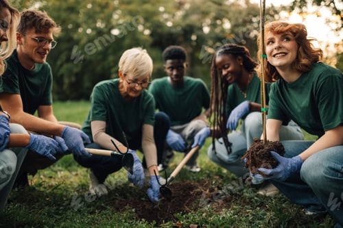 Preview: Group of volunteers planting trees in park