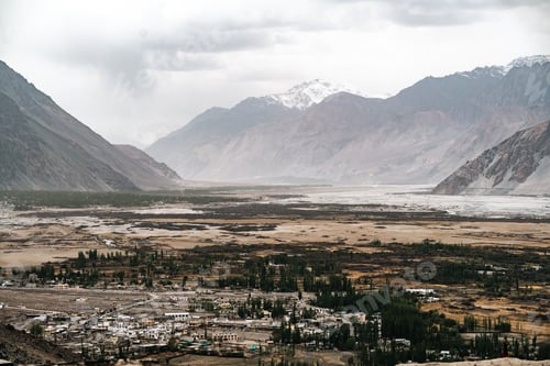 Preview: Mountain valley landscape, river, village, cloud, nature serene autumn view