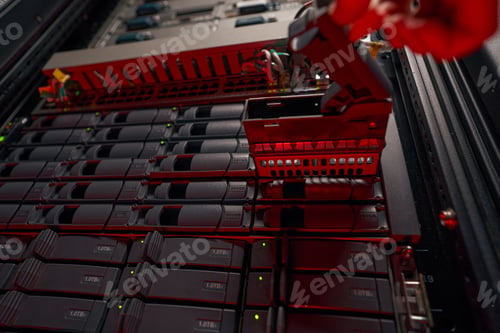 Preview: Woman technician removing server drive at datacenter
