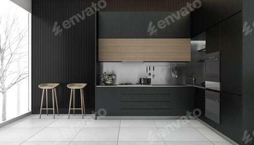 Preview: 3d rendering modern dark wood kitchen with winter view
