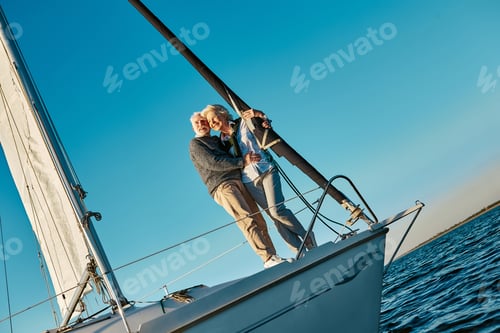 Preview: Full length of a romantic and happy senior couple standing on the side of sail