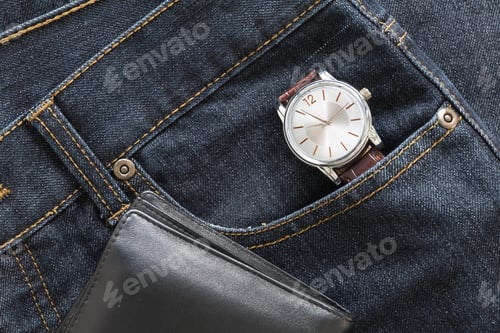 Preview: Stylish Watch and Wallet on Dark Denim Jeans