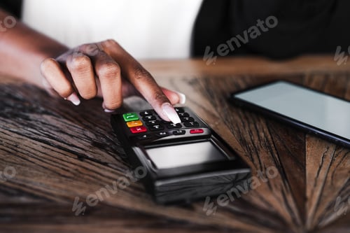 Preview: close up of woman doing contact less payment with mobile phone in cafe. technology and shopping