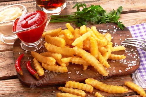 Preview: french fries on wooden table
