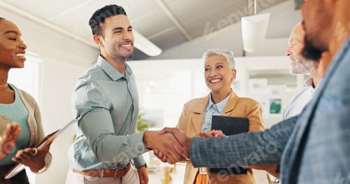 Preview: Welcome, handshake or business people with applause in office celebration for interview, onboarding