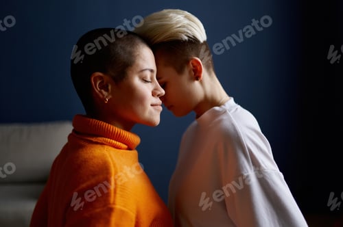 Preview: Romantic young lesbian girlfriend side view closeup sensual portrait