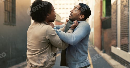 Preview: Anger, fighting or threat with men in city for aggressive disagreement, physical harm and violence.