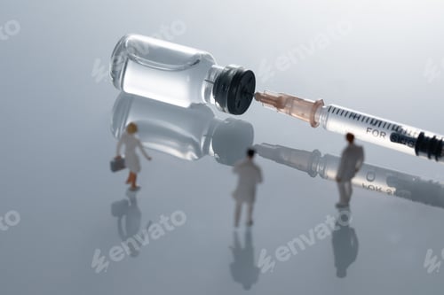 Preview: Closeup shot of a covid19 vaccine bottle and a needle with doctor figures - covid19 concept
