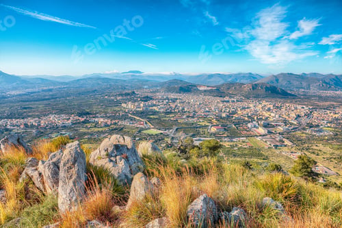 Preview: Gorgeous morning view of Bagheria town and national park Orientata Pizzo Cane.