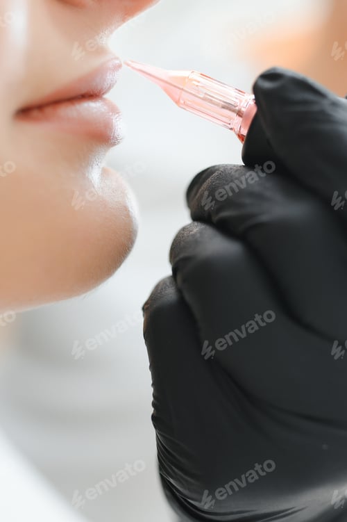Preview: Young woman having permanent makeup on lips in beautician salon