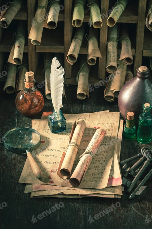 Preview: Magic scribe library full of old and valuable manuscripts