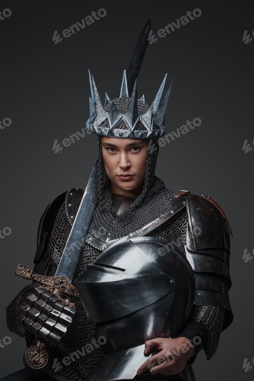 Preview: Medieval queen with sword and chainmail staring at camera