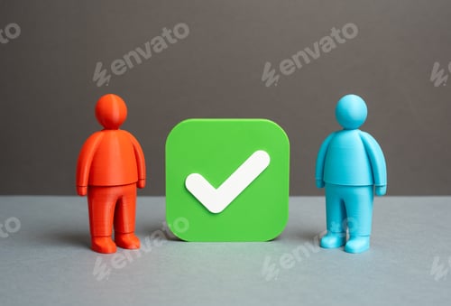 Preview: Two people and a checkmark of approval between them. Cooperation and collaboration