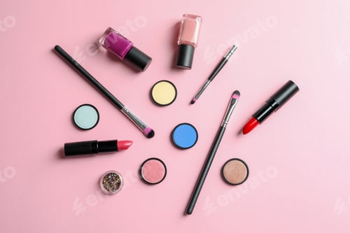 Preview: Flat lay composition with decorative cosmetics on color background
