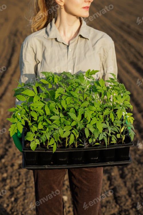 Preview: Female gardener carries tomato seedlings for spring planting on farm field in daylight.