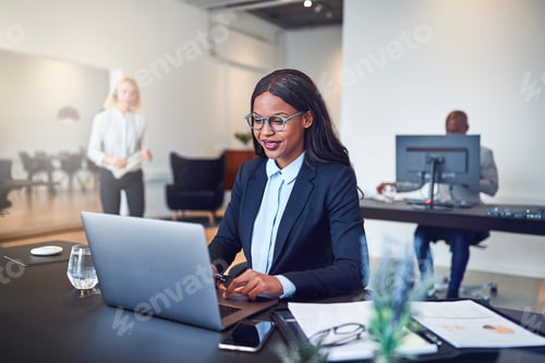 Preview: Smiling African American businesswoman sitting at work using a laptop
