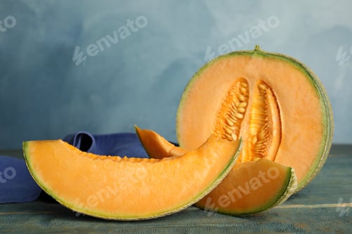 Preview: Tasty fresh cut melon on light blue wooden table, closeup