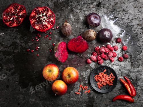 Preview: Overhead view of halved red fruit and vegetables on dark background