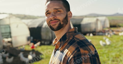 Preview: Man, farmer thinking with chicken for livestock farming, producing and distribution. Male person, b