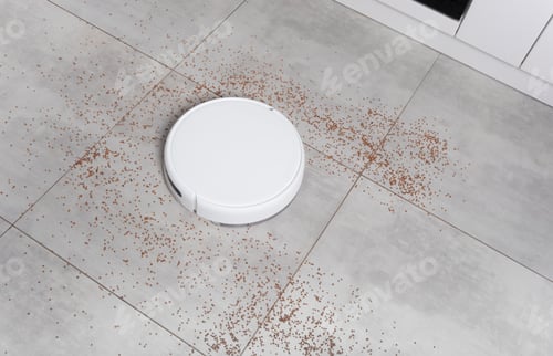 Preview: Washing White robot vacuum cleaner device cleaning floor from crumbs groats at home