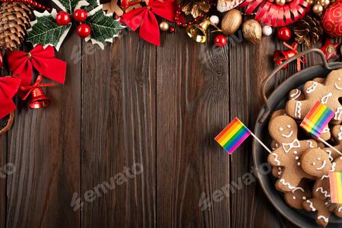 Preview: Christmas background of tray with gingerbread cookie men and rainbow flags on wooden table