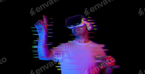 Preview: Young man using vr glasses with glitch effect. new virtual world metaverse