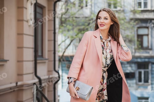 Preview: cute young beautiful stylish woman walking in street in pink coat
