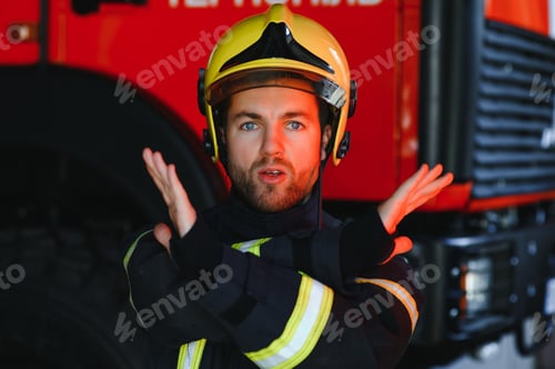 Preview: Firefighter portrait on duty. Photo fireman with gas mask and helmet near fire engine.