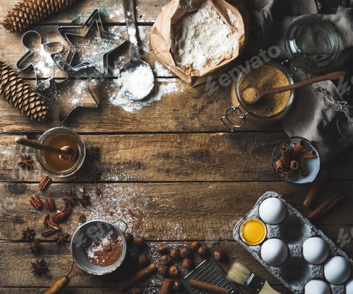 Preview: Christmas holiday cooking and baking ingredients on wooden background
