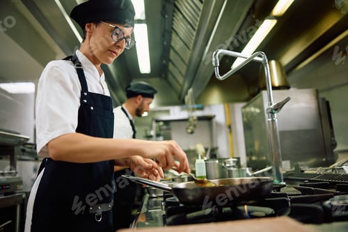 Preview: Female cook preparing food in the kitchen.