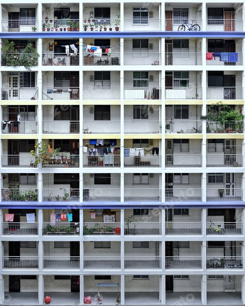 Preview: Vertical shot of HDB flat balconies in Singapore