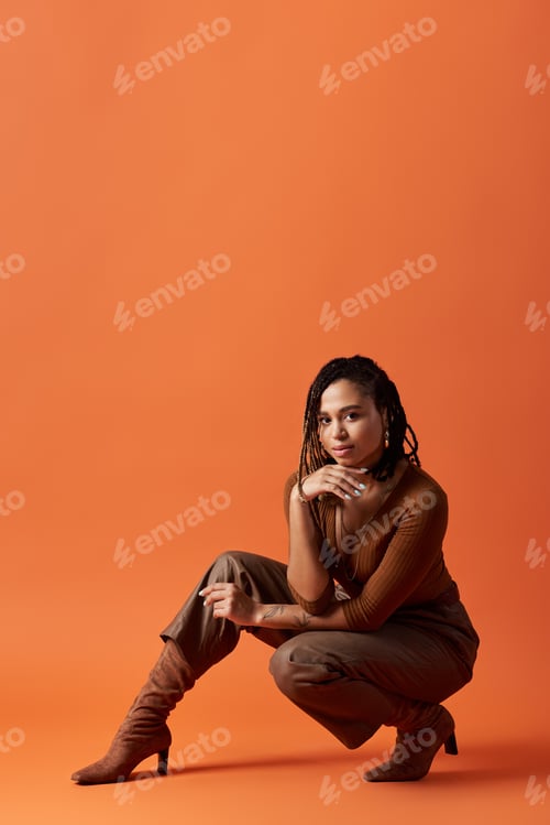 Preview: Stylish young African American woman with braids poses elegantly in a vibrant studio setting