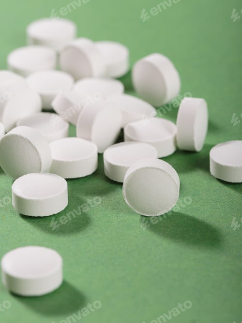 Preview: Herbal and Vitamin white pills healthy food freely laid on green background
