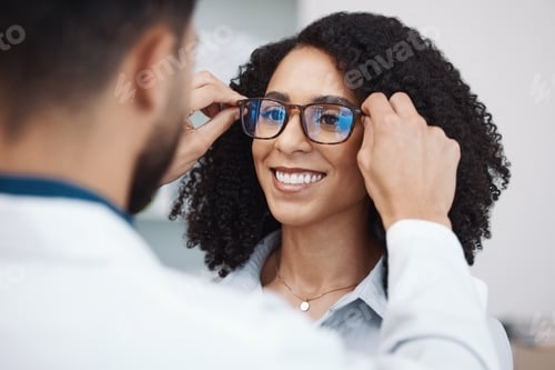 Preview: Glasses, vision and optometry with a black woman customer in an optician office for consulting. Eye