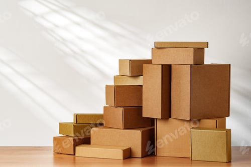Preview: Stacked Cardboard Boxes On Wooden Surface In Sunlight