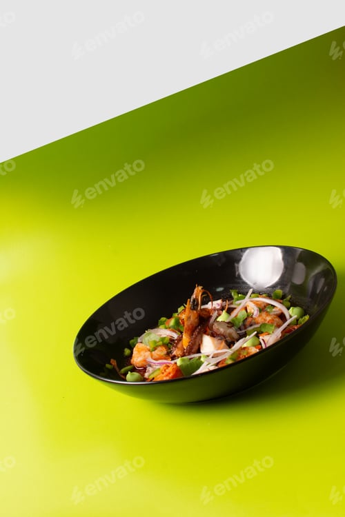 Preview: Seafood aspic. Beet jelly with pieces of octopus, shrimp and prawns. Ecuadorian cuisine. raw food