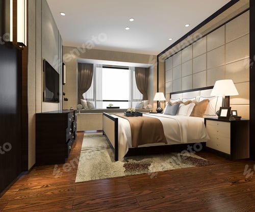Preview: 3d rendering beautiful luxury bedroom suite in hotel with tv