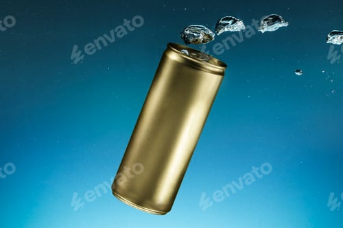 Preview: Golden aluminium soda can with copyspace