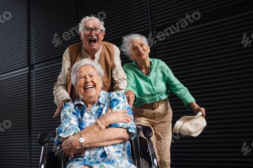 Preview: Portrait of three senior friends in the city, having fun.