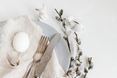 Preview: Stylish Easter table setting. Natural easter egg, pussy willow branches and feathers on modern plate