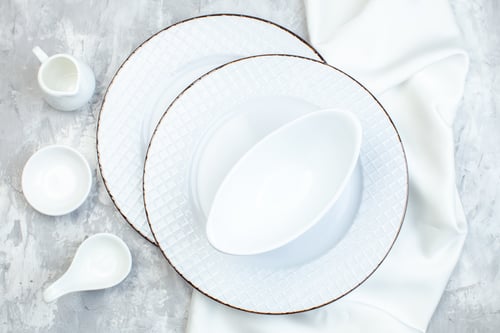 Preview: top view white plate on white background colour horizontal cuisine meal kitchen glass food