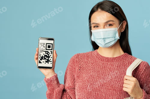 Preview: Young brunette showing phone screen with barcode